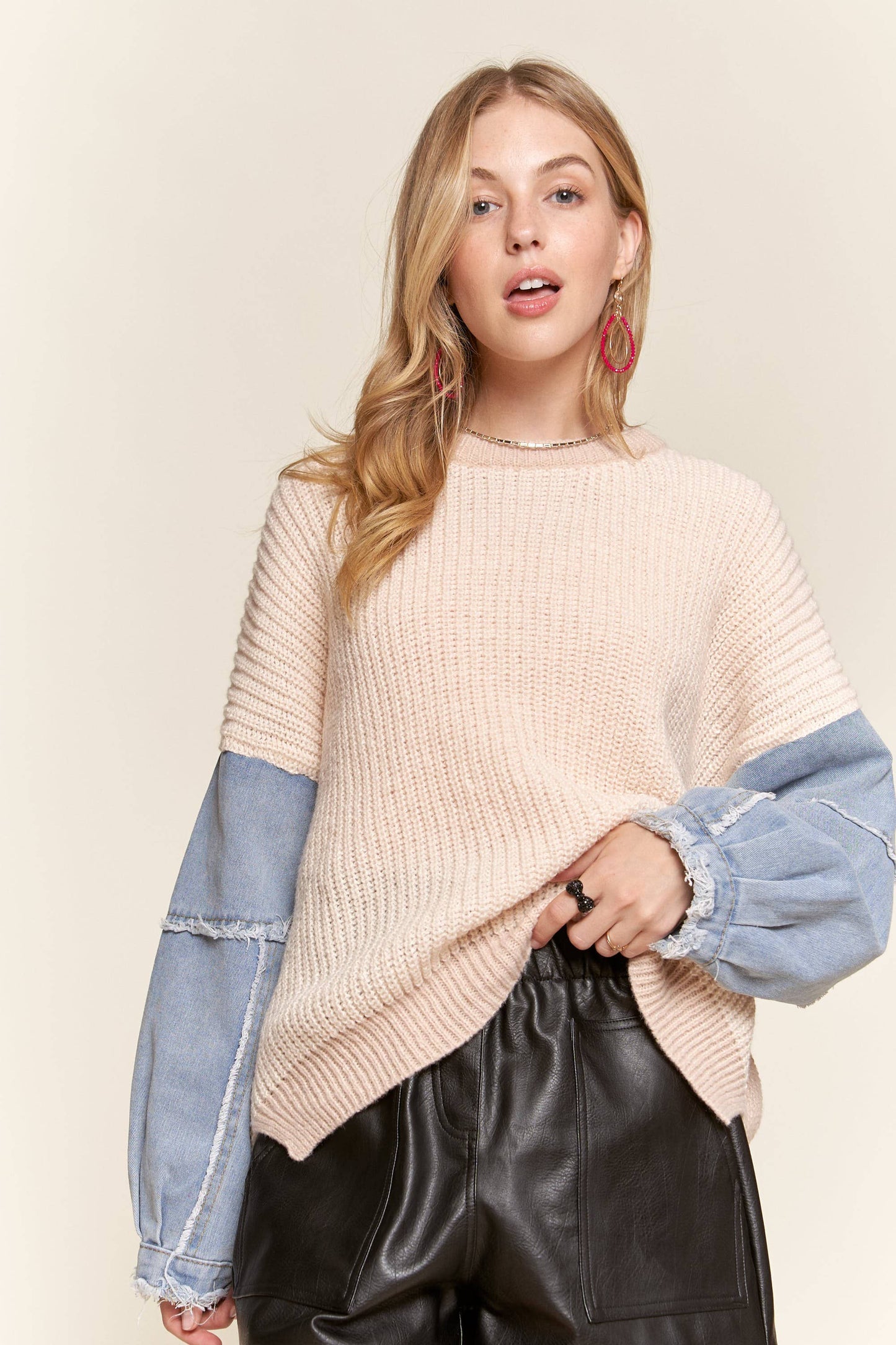 ADORA LA COLORBLOCK SWEATER TOP DENIM SLEEVE - CESW3192