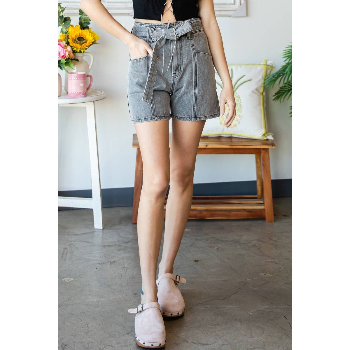 Waist Belted Denim Shorts By Veveret
