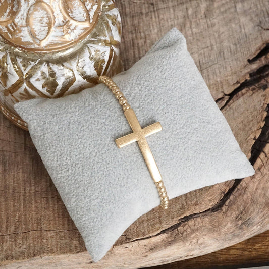 Minimal Cross Stretchy Bracelet in Worn Gold tone with Ball Beads