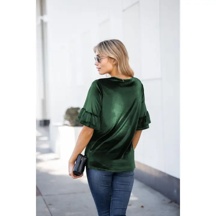 Amaryllis Emerald Velvet Relaxed Ruffle Sleeve