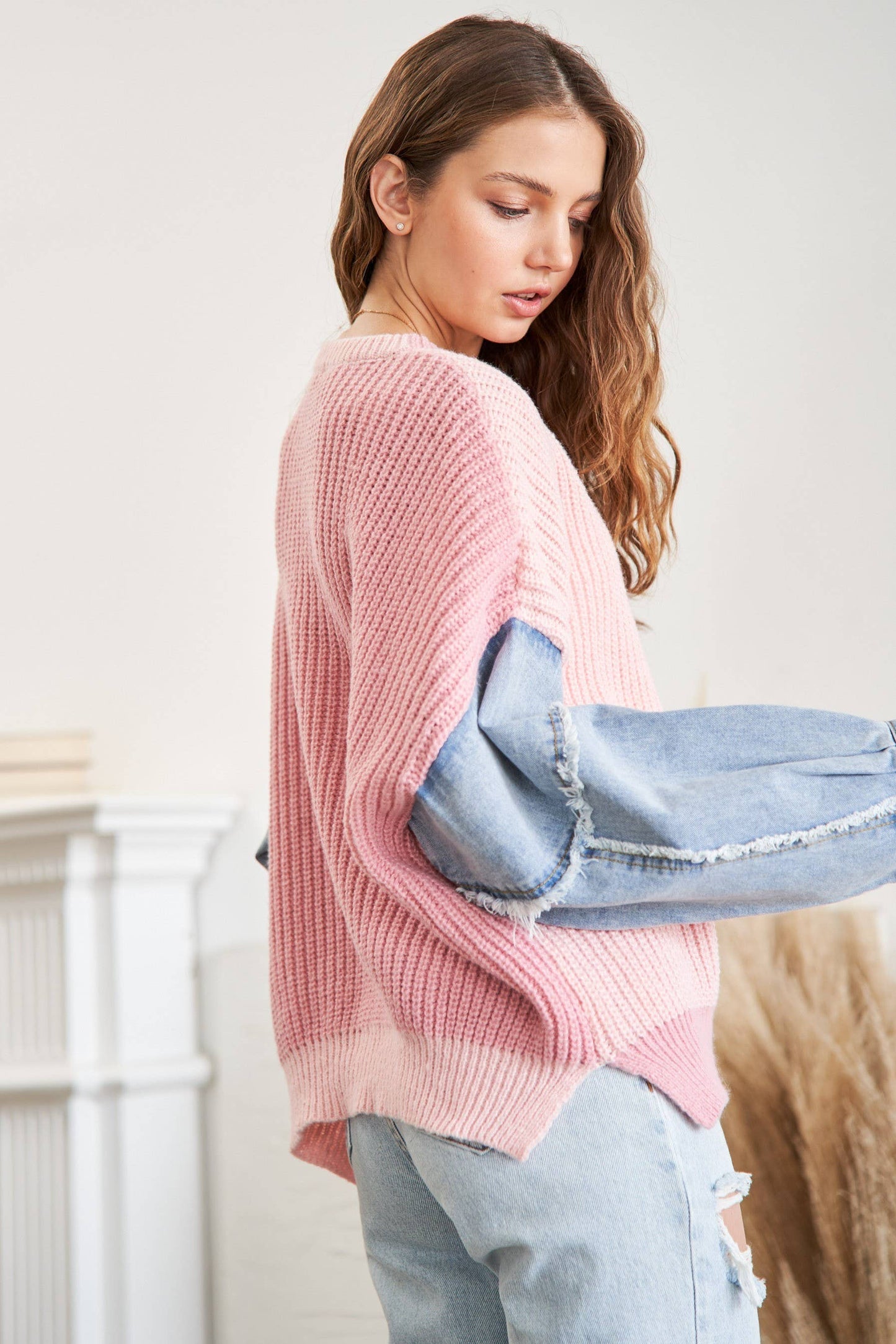 ADORA LA COLORBLOCK SWEATER TOP DENIM SLEEVE - CESW3192
