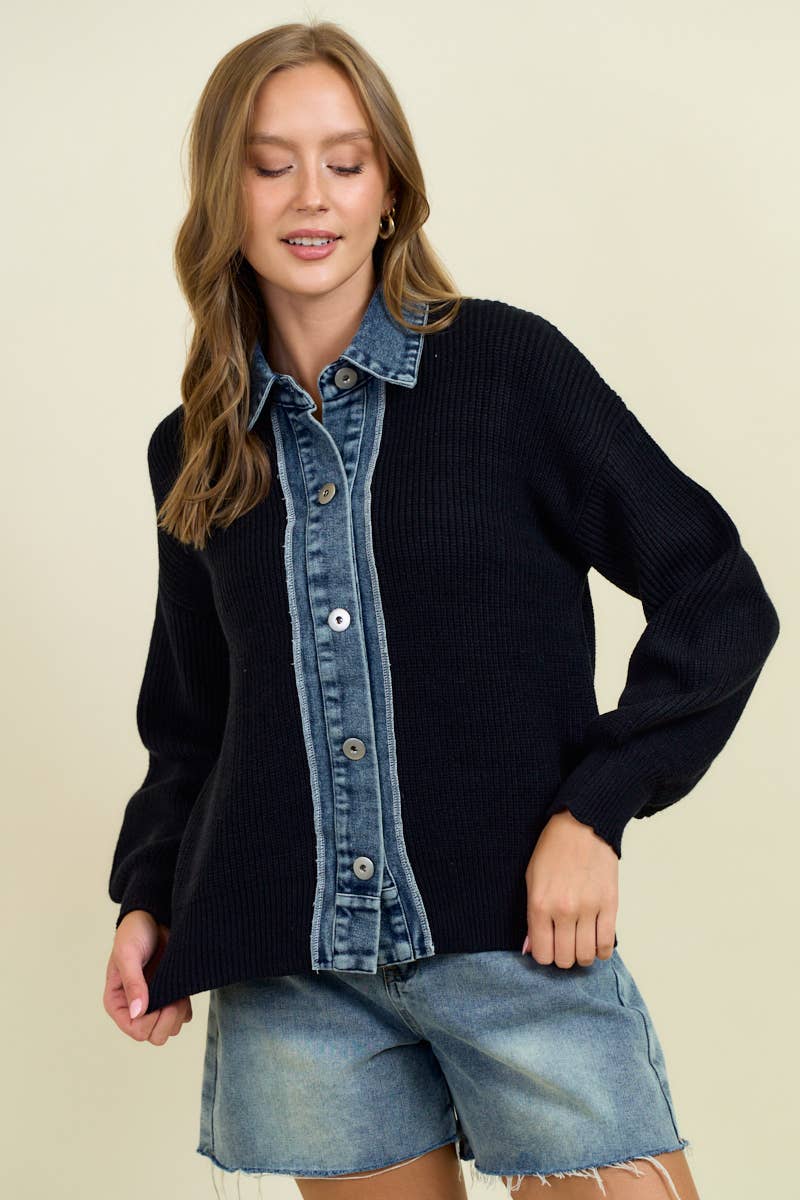 DOE AND RAE DENIM CONTRAST SWEATER RIB CARDIGAN - 10763J