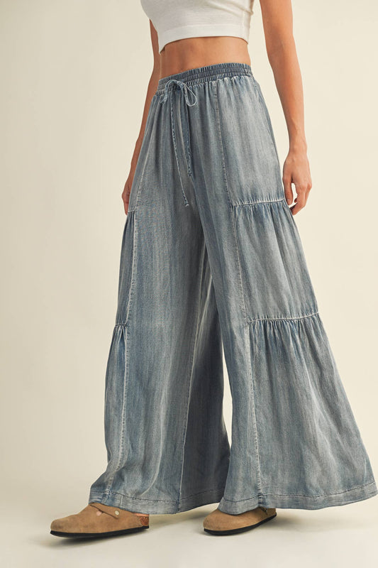 MUSTARD SEED RUFFLED SIDE WASHED DENIM WIDE PANTS