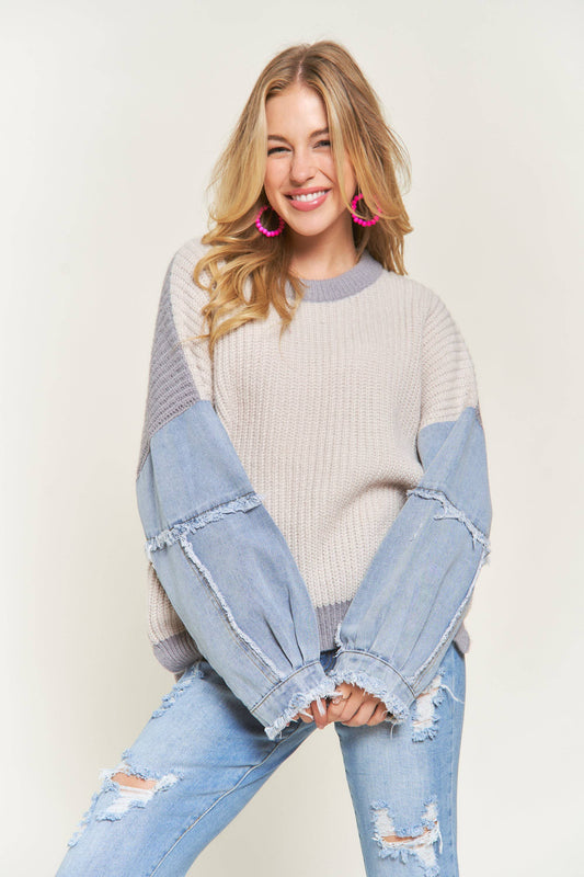 ADORA LA COLORBLOCK SWEATER TOP DENIM SLEEVE - CESW3192