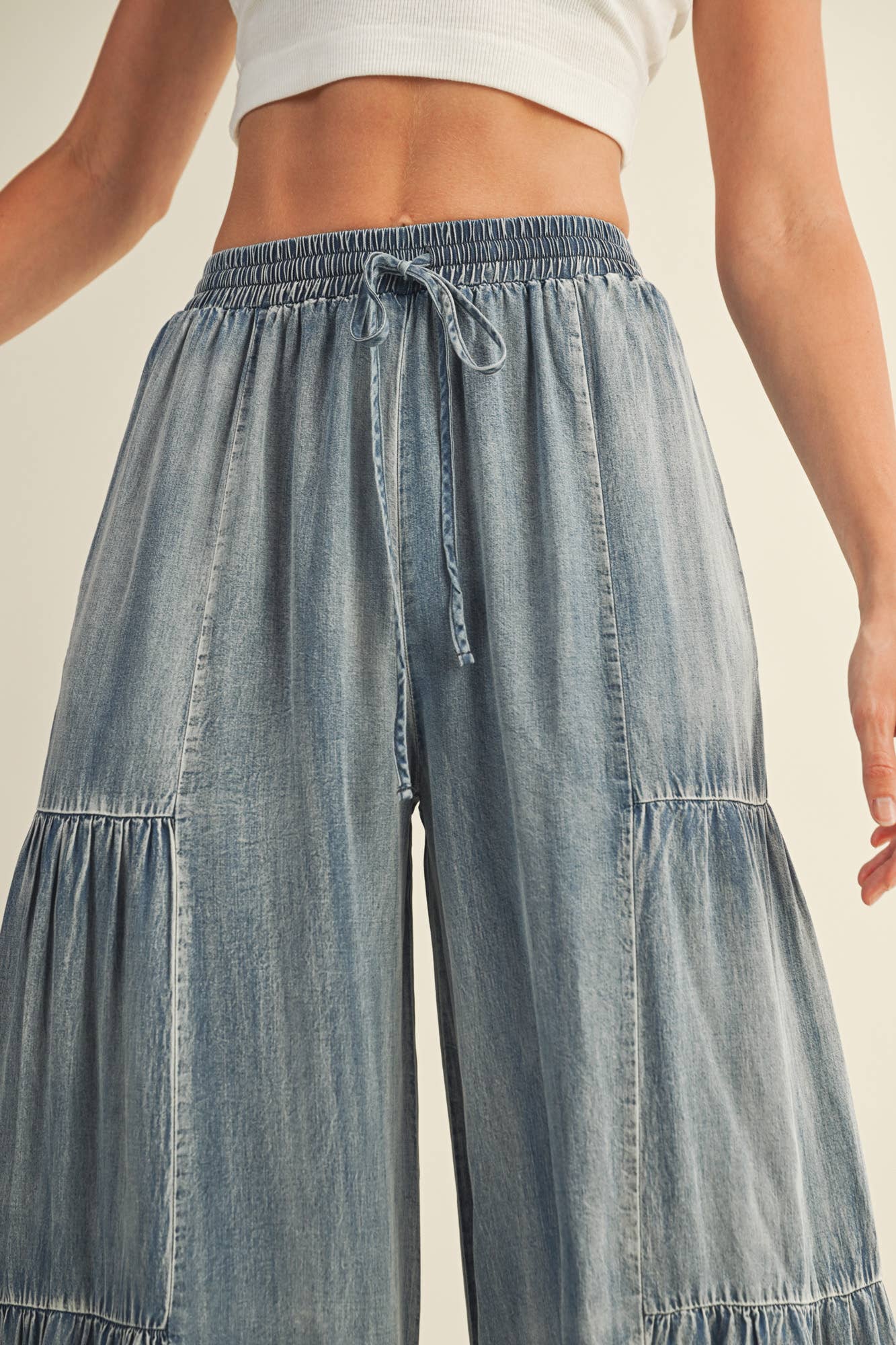 MUSTARD SEED RUFFLED SIDE WASHED DENIM WIDE PANTS
