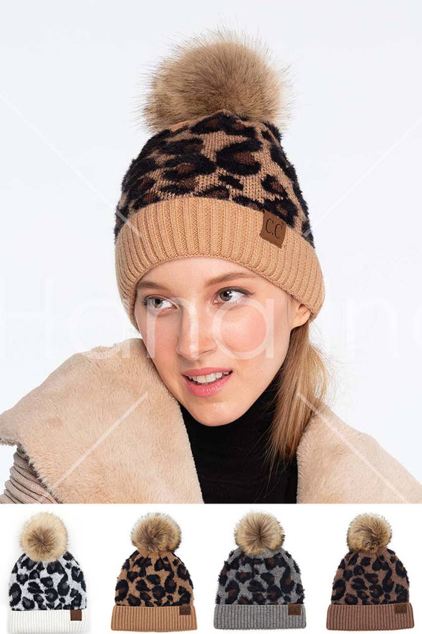 C.C Leopard Pattern Beanie Hat with Pom Winter Hat