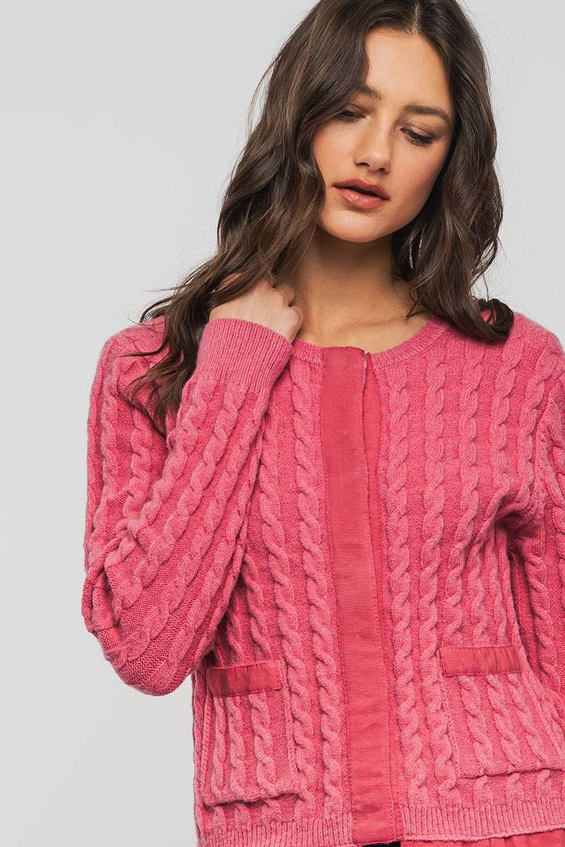 Urban Daizy Cable Knit Snap Front Ribbed Trim Long Sleeve Sweater