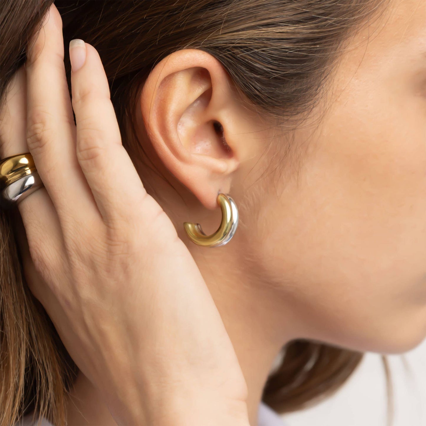 Gold Stainless Steel Mixed Metal Statement Huggie Earrings