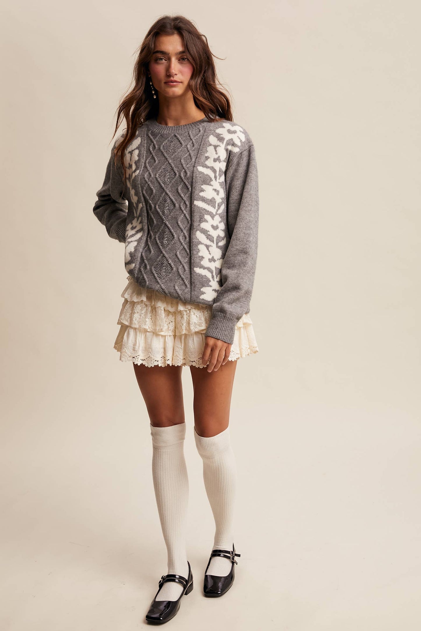 Floral Panel Cable Knit Sweater By Listicle