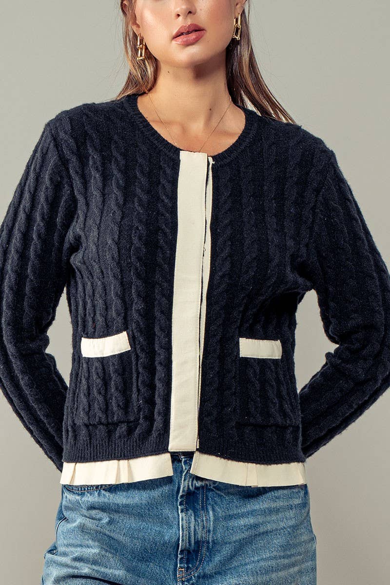 Urban Daizy Cable Knit Snap Front Ribbed Trim Long Sleeve Sweater