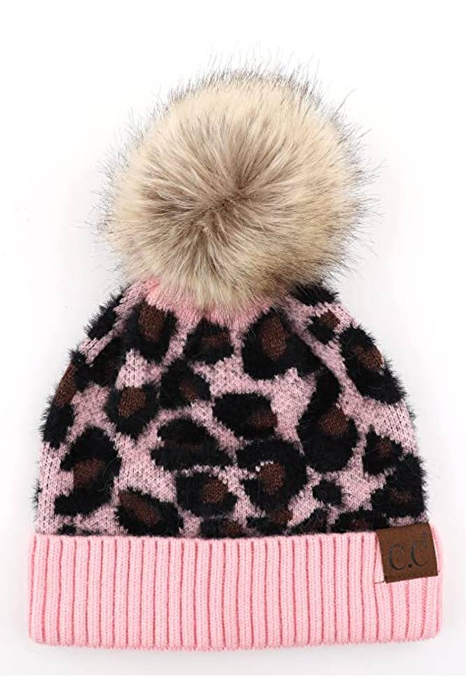 C.C Leopard Pattern Beanie Hat with Pom Winter Hat