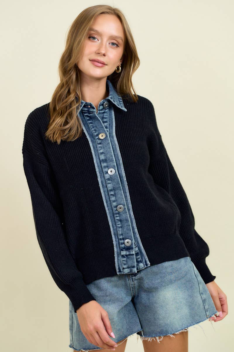 DOE AND RAE DENIM CONTRAST SWEATER RIB CARDIGAN - 10763J