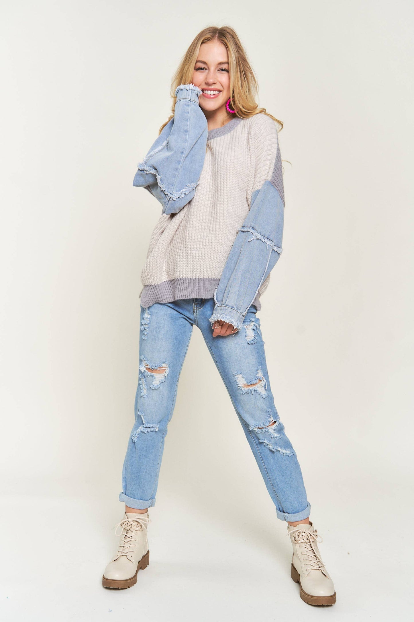 ADORA LA COLORBLOCK SWEATER TOP DENIM SLEEVE - CESW3192