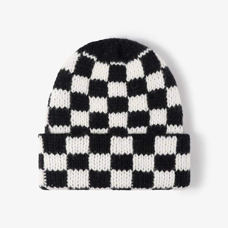 Plaid Contrast Color Warm Knit Beanie DPKB3019