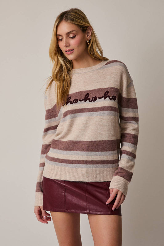 SUNDAY EDITION BY LE LIS CREW NECK LONG SLEEVE "HOHOHO" STRIPE SWEATER
