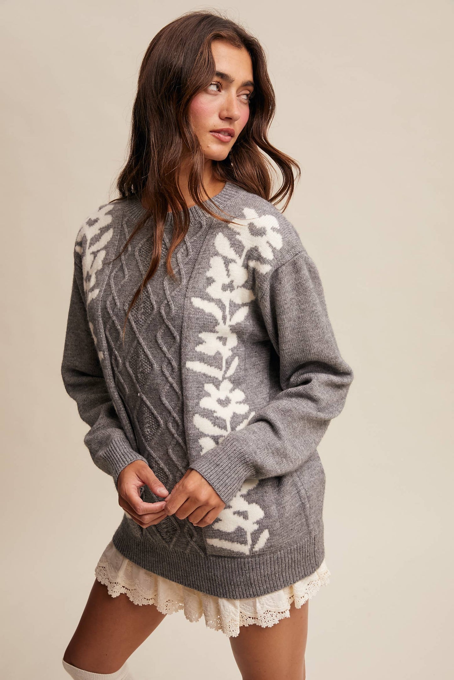 Floral Panel Cable Knit Sweater By Listicle