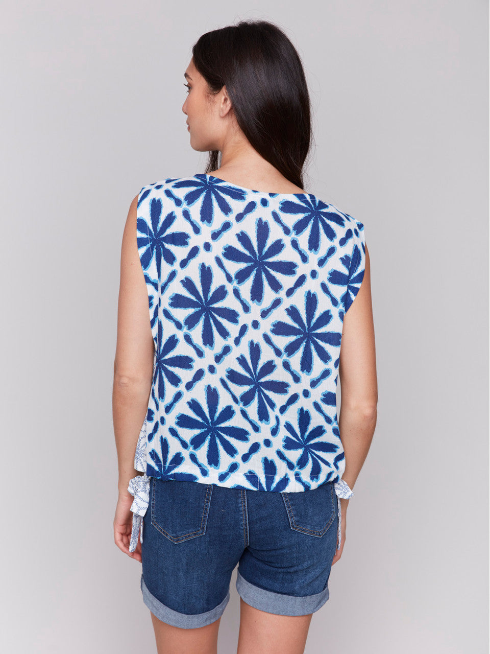 Charlie B Side Tie Printed Blouse Mosaic Sleeveless Corded Print Side C4485P