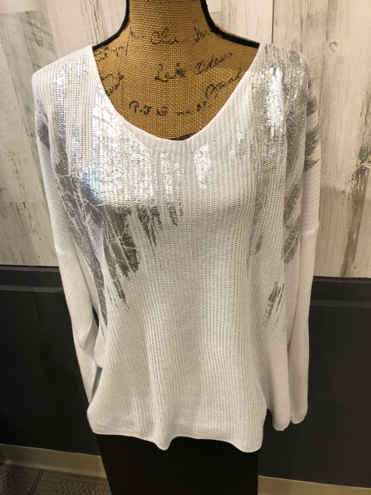 Amorosa Made in Italy White Knit 3/4 Sleeve Light Weight Knit Sweater w Silver Embellishment 38072-41