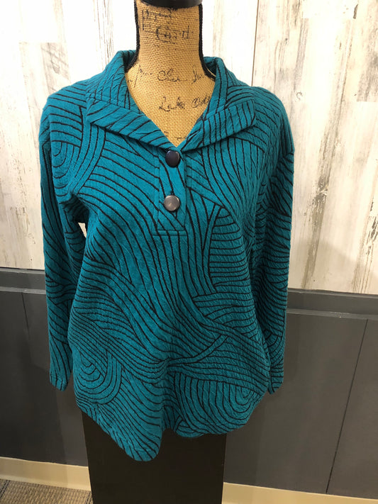 Komil Dark Teal Swirl Cotton 2 Button Henley Top with Pockets Size Medium