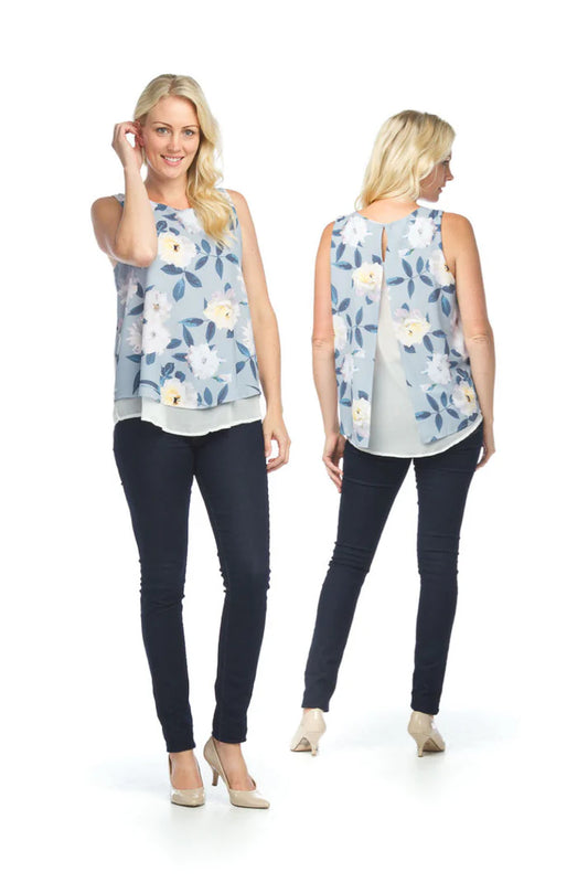 Blue Floral Crepe Layered Blouse Papillon Button Closure