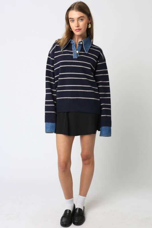 Olivaceous Sofia Stripe Denim Combo Sweater