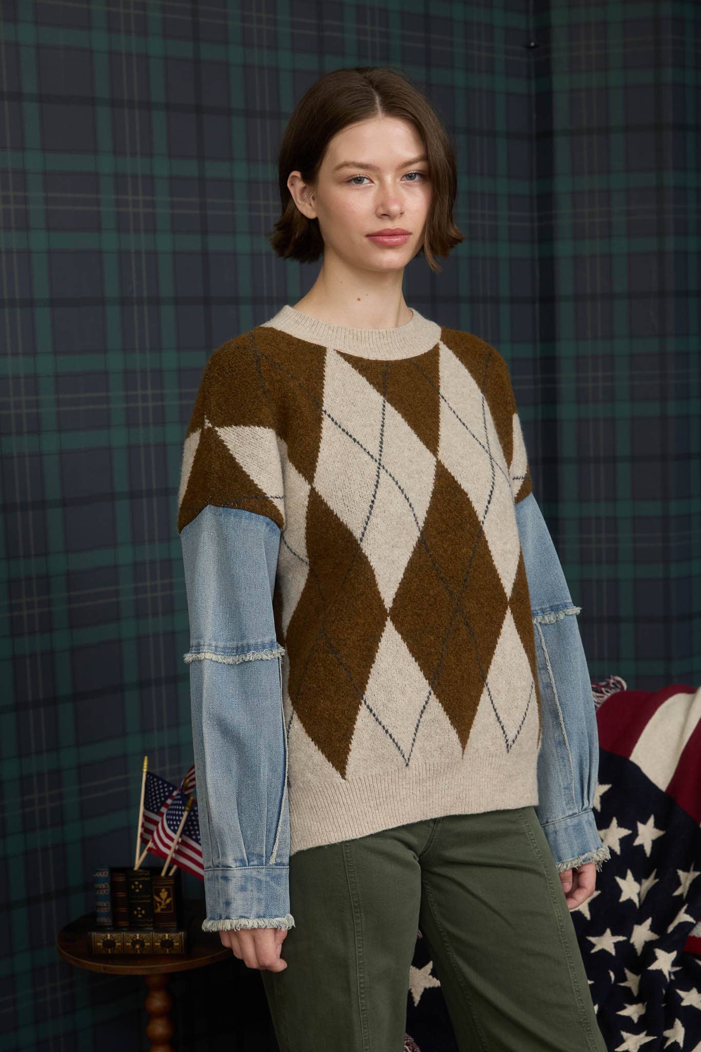 J O A ARGYLE DISTRESSED DENIM SLEEVE KNIT SWEATER