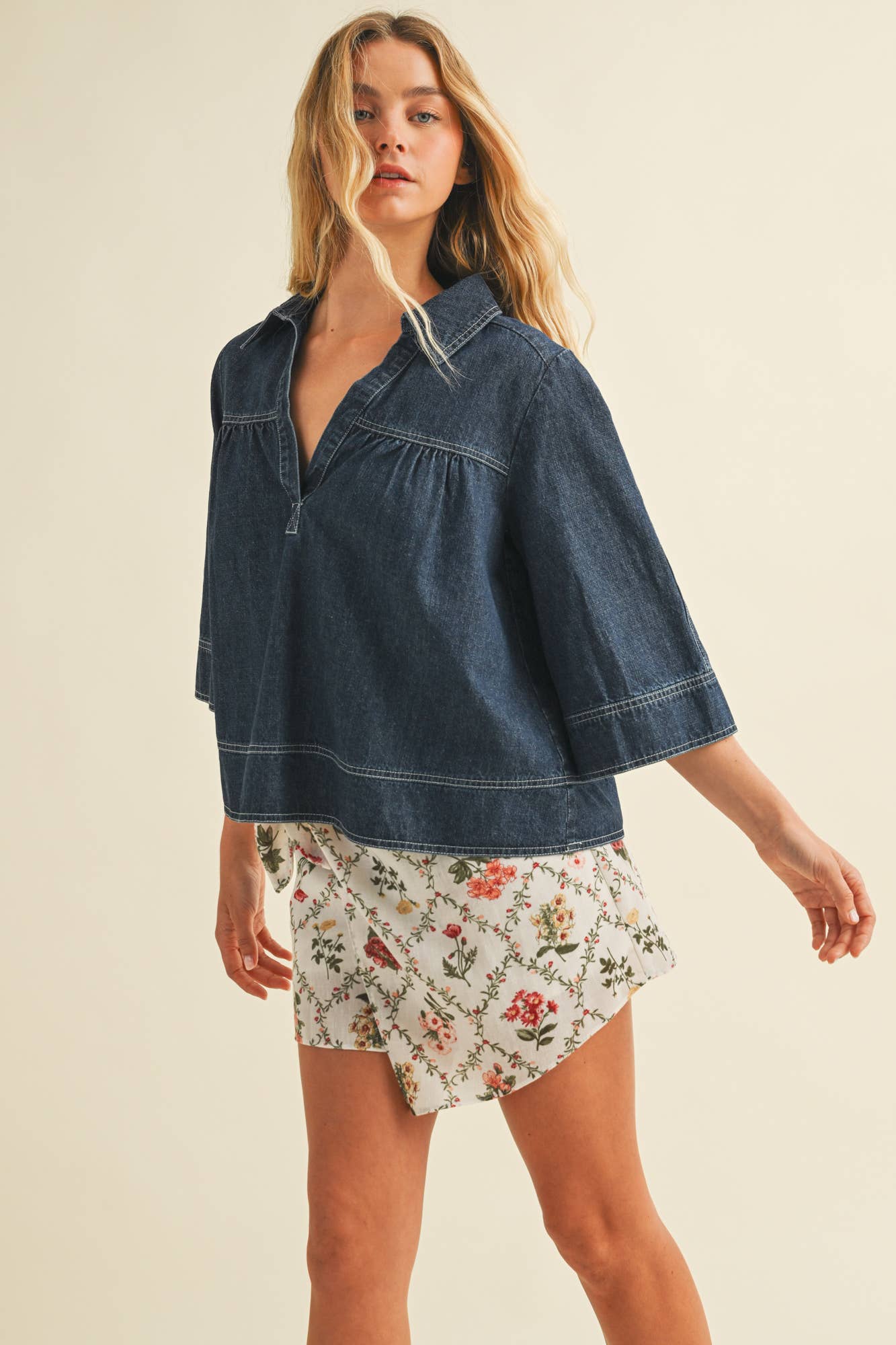 MUSTARD SEED V NECK DENIM SWING TOP