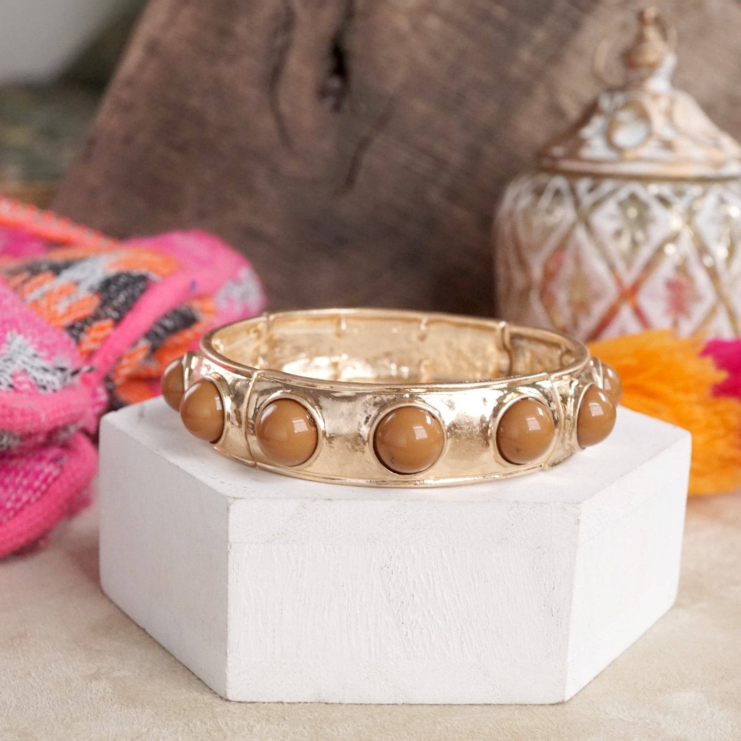 Eternity Statement Bangle Gold Tone Red Blue Brown Green Black Pearl