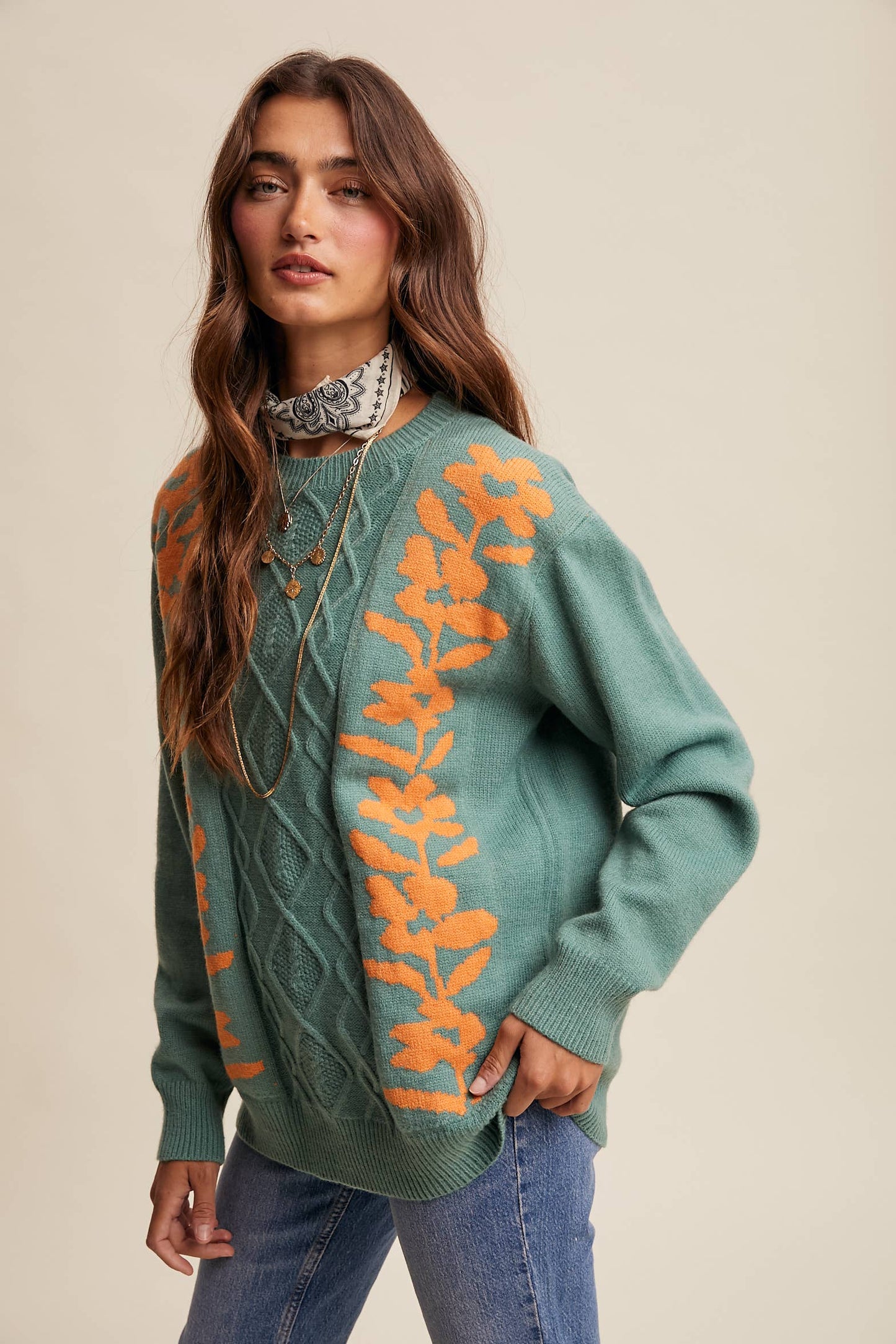 Floral Panel Cable Knit Sweater By Listicle