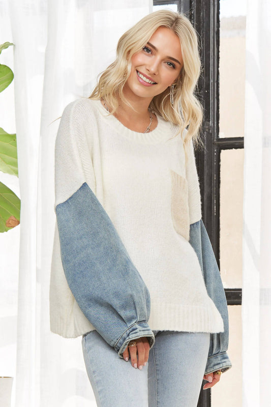 ADORA LA KNIT SWEATER WITH DENIM LONG SLEEVES