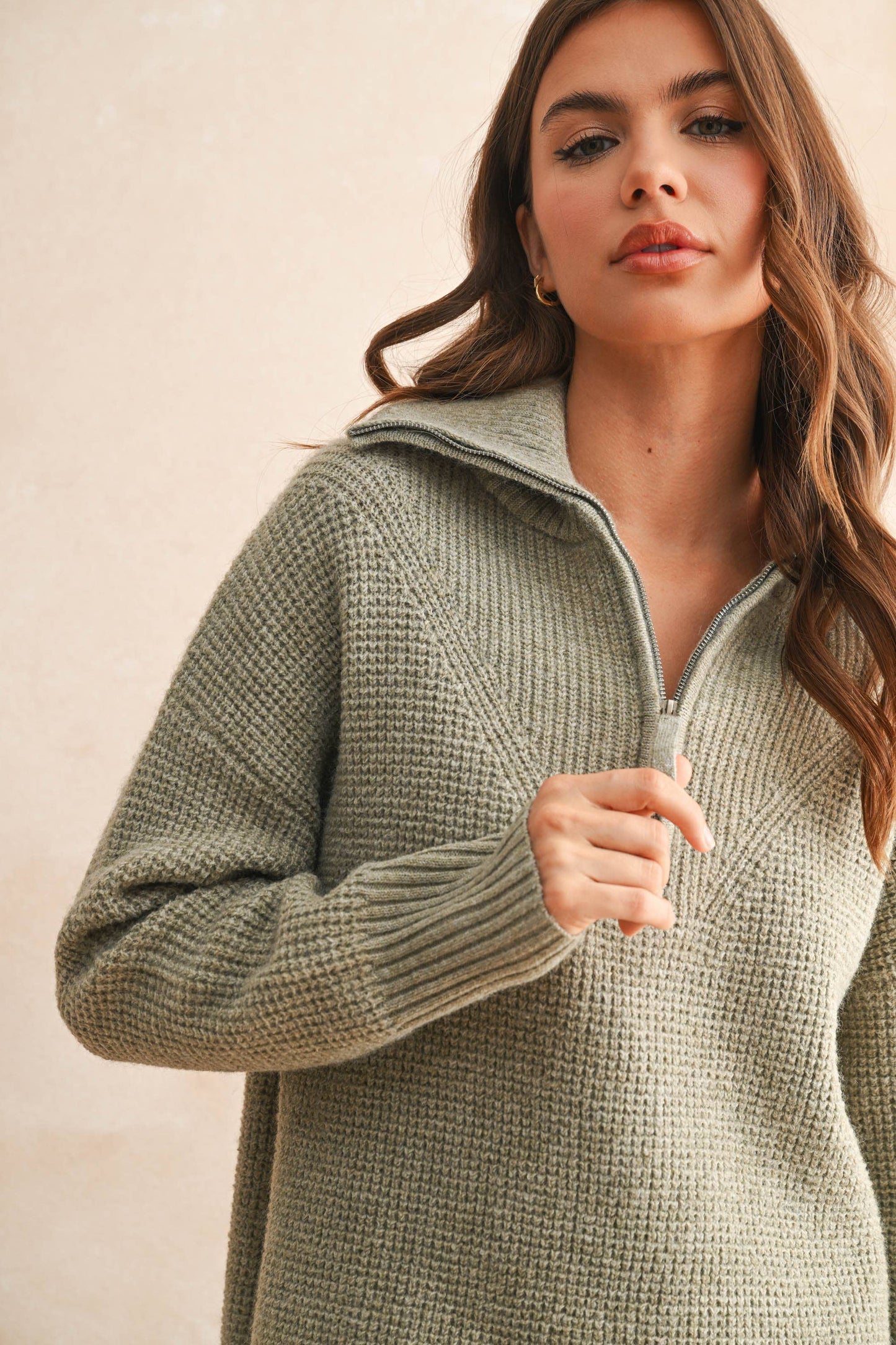 MIOU MUSE WAFFLE PATTERN HALF ZIP UP SWEATER TOP
