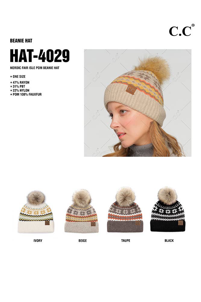 C.C Nordic Fair Isle Pom Beanie Hat