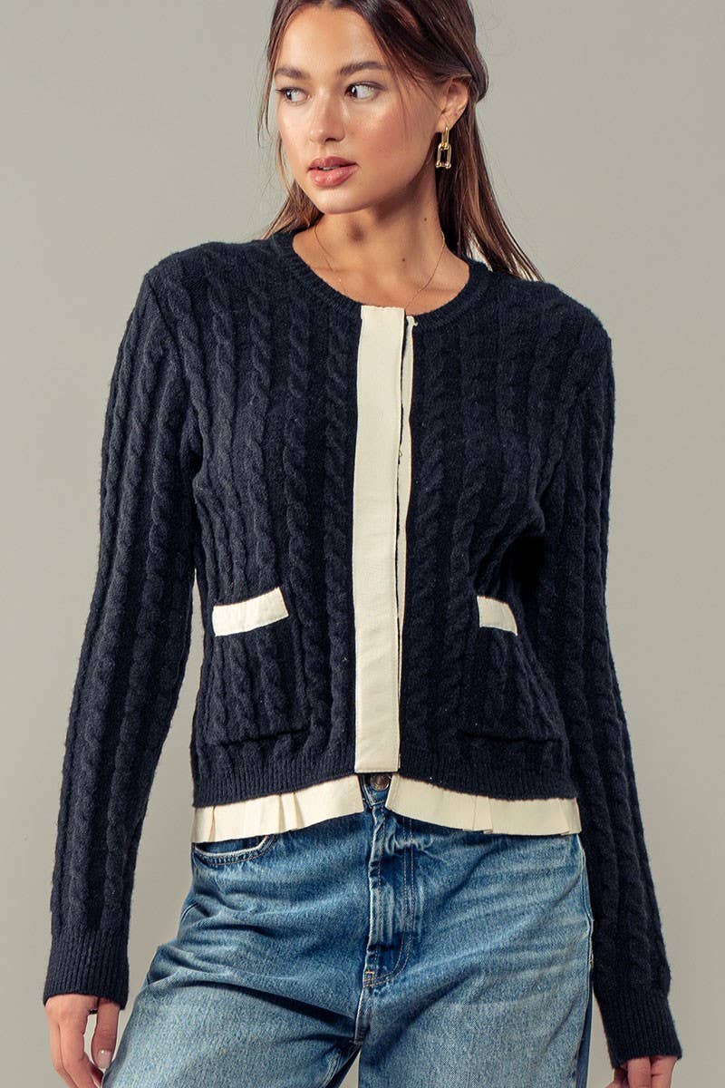 Urban Daizy Cable Knit Snap Front Ribbed Trim Long Sleeve Sweater