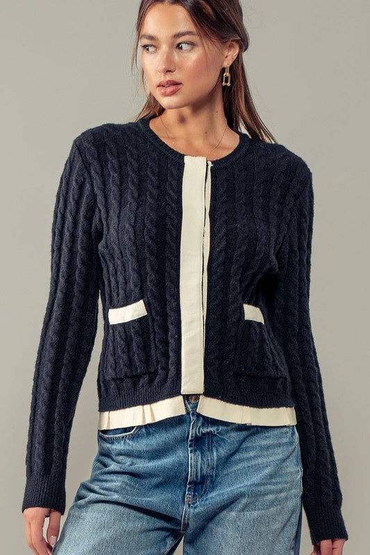 Cable Knit Snap Front Ribbed Trim Long Sleeve Sweater By Urban Daizy