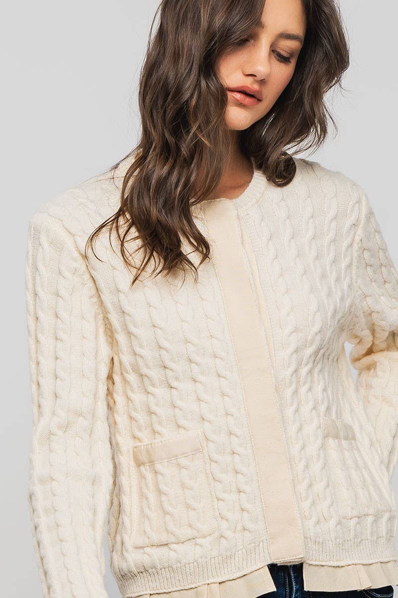 Urban Daizy Cable Knit Snap Front Ribbed Trim Long Sleeve Sweater