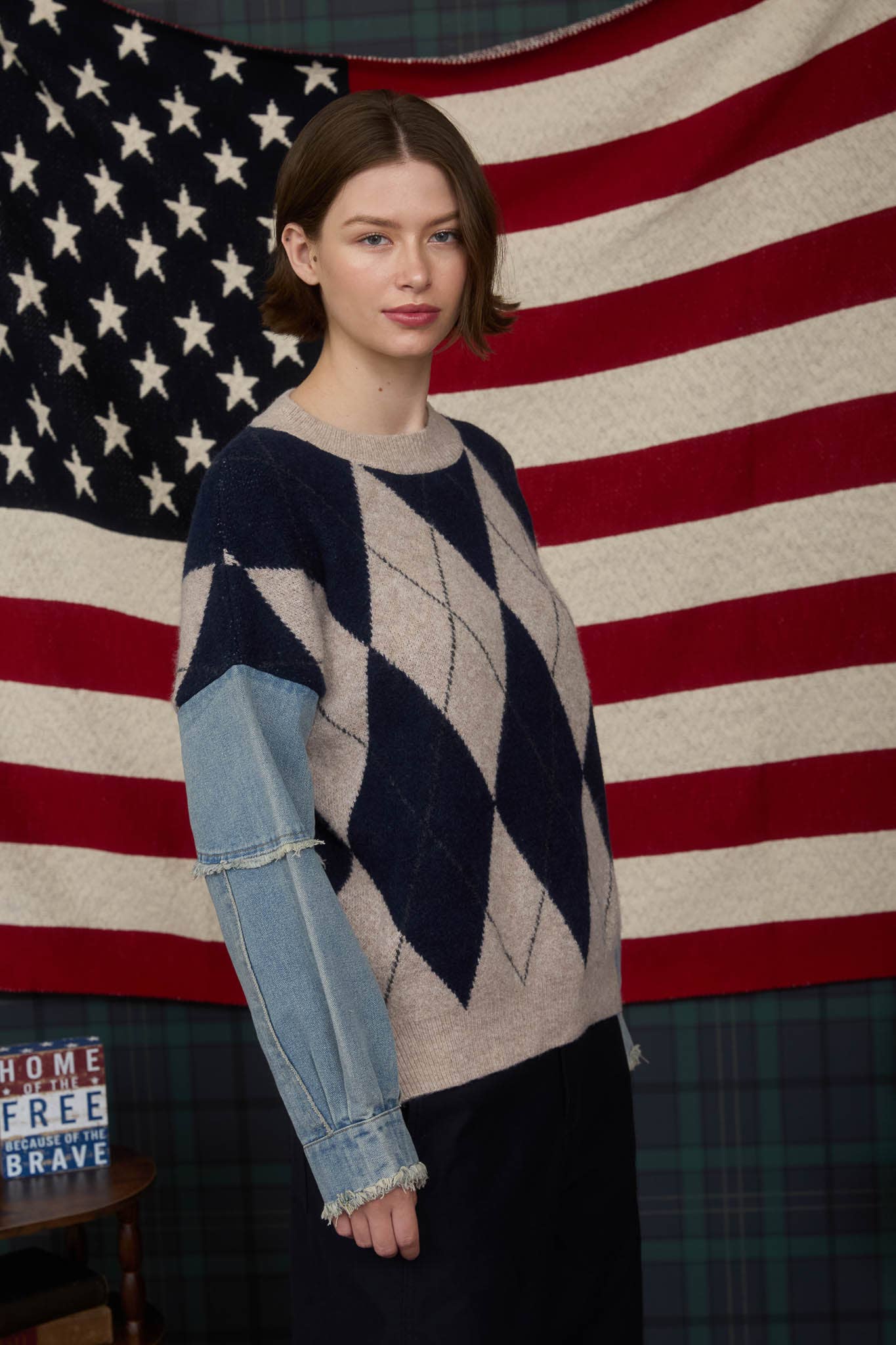 J O A ARGYLE DISTRESSED DENIM SLEEVE KNIT SWEATER