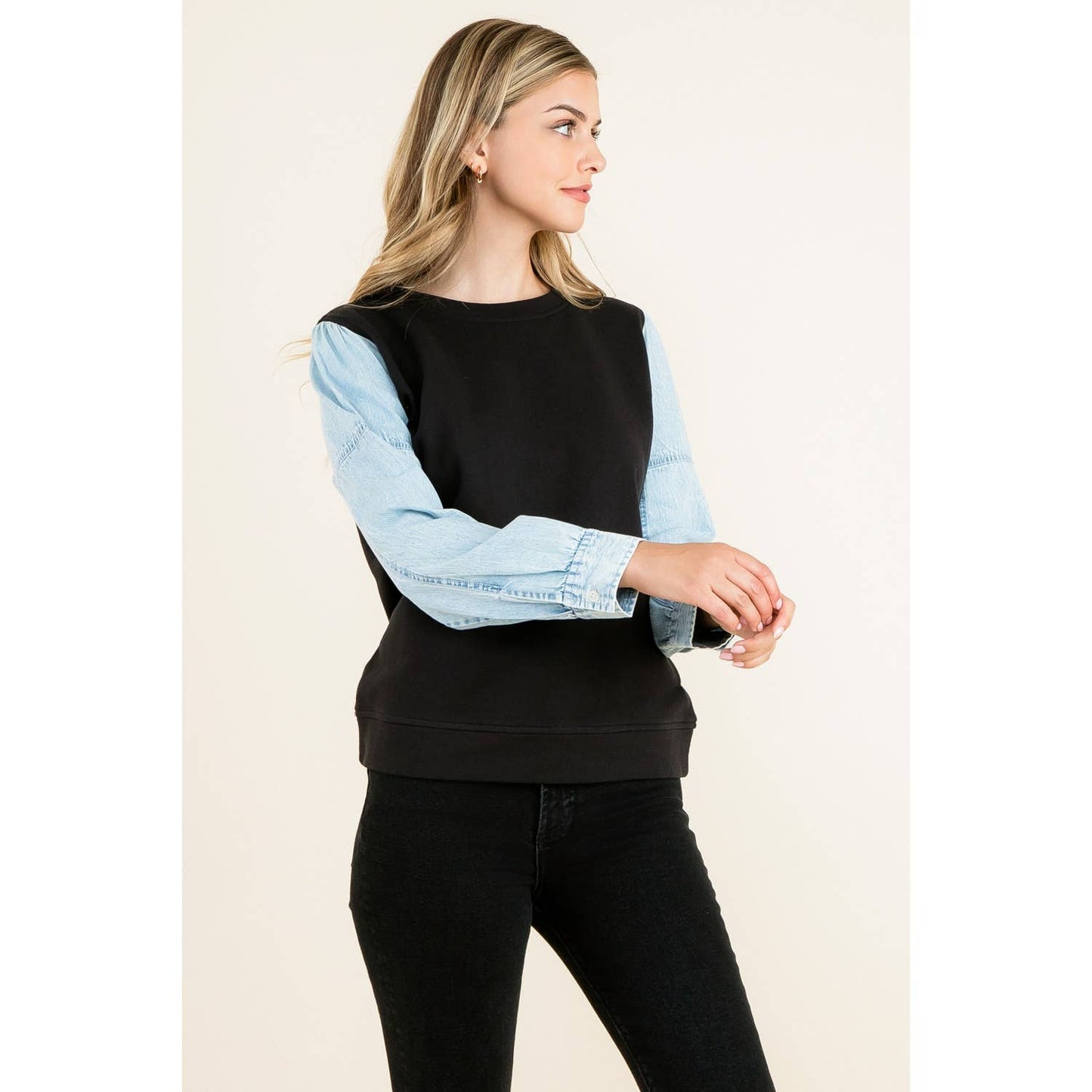 Black Knit Top with Long Light Denim Contrast Sleeves By THML