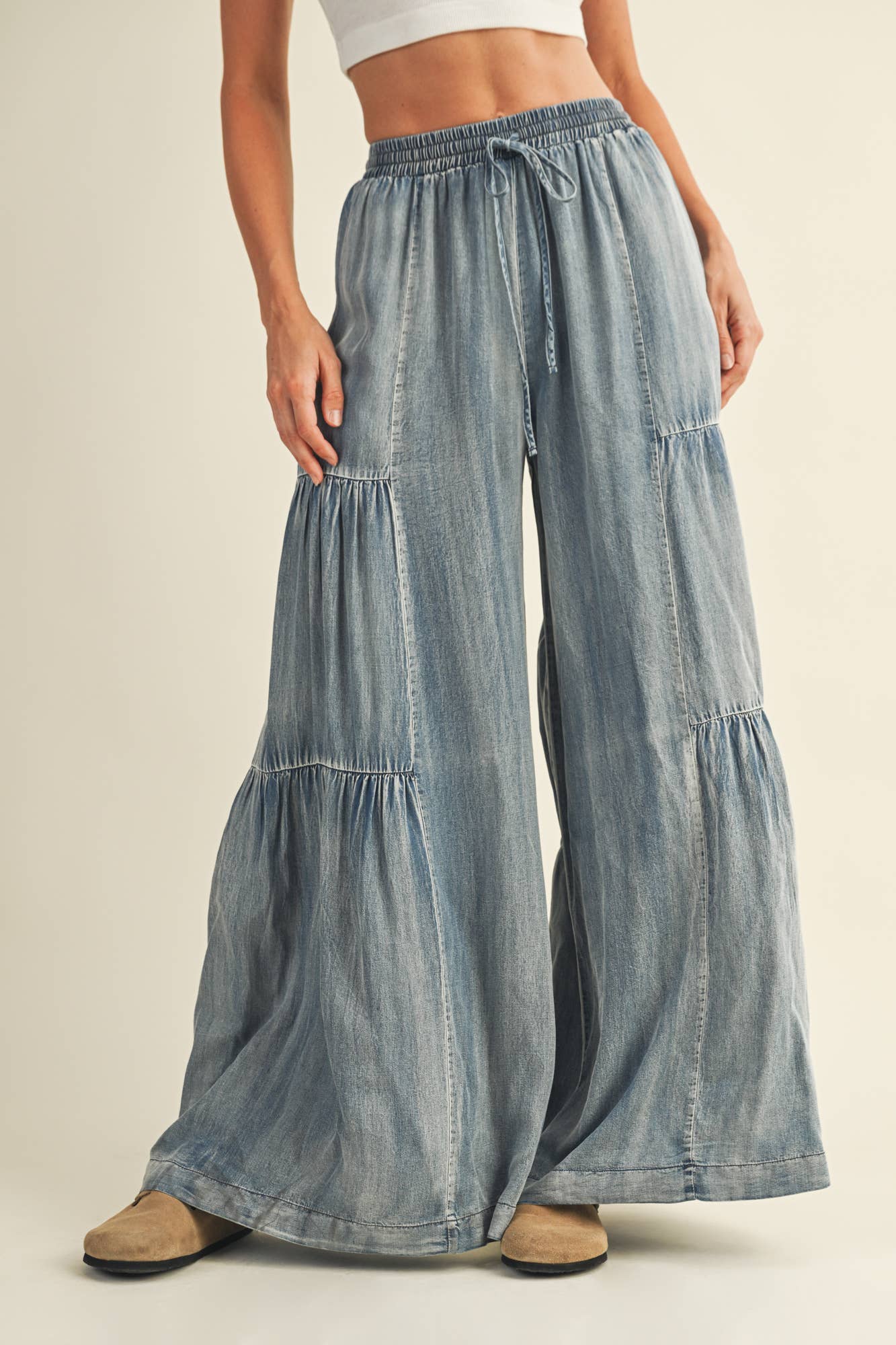 MUSTARD SEED RUFFLED SIDE WASHED DENIM WIDE PANTS