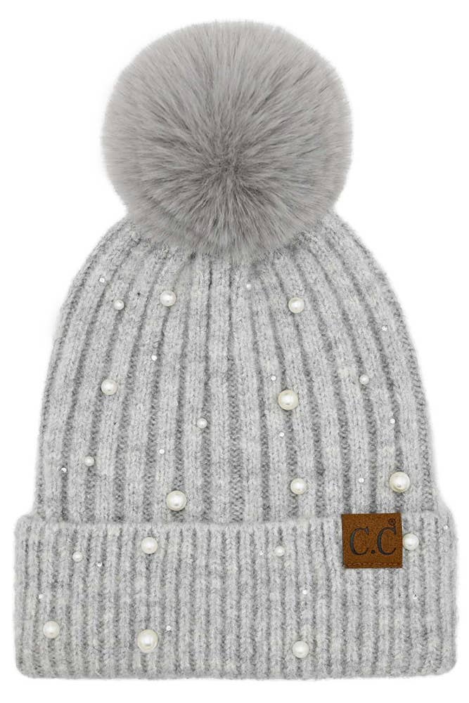 C.C Pearl Embellishments Pom Beanie