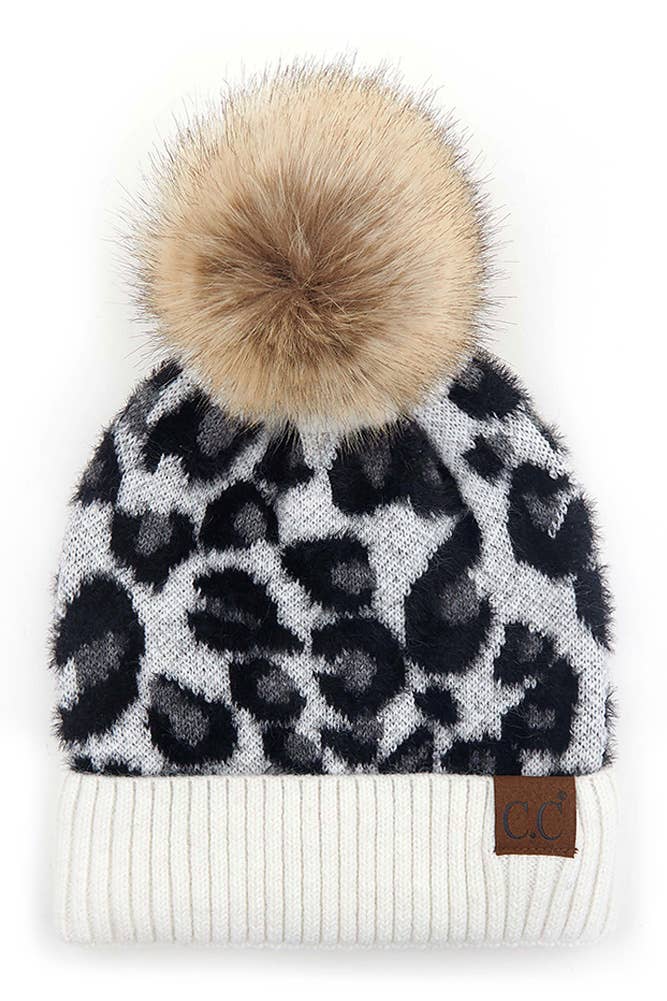 C.C Leopard Pattern Beanie Hat with Pom Winter Hat