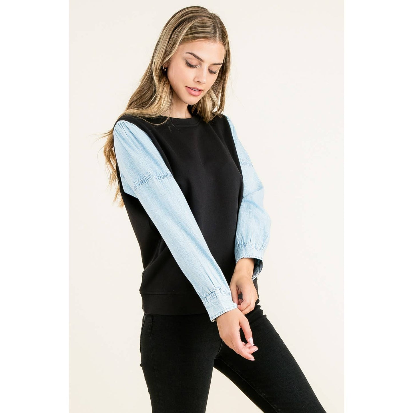 Black Knit Top with Long Light Denim Contrast Sleeves By THML