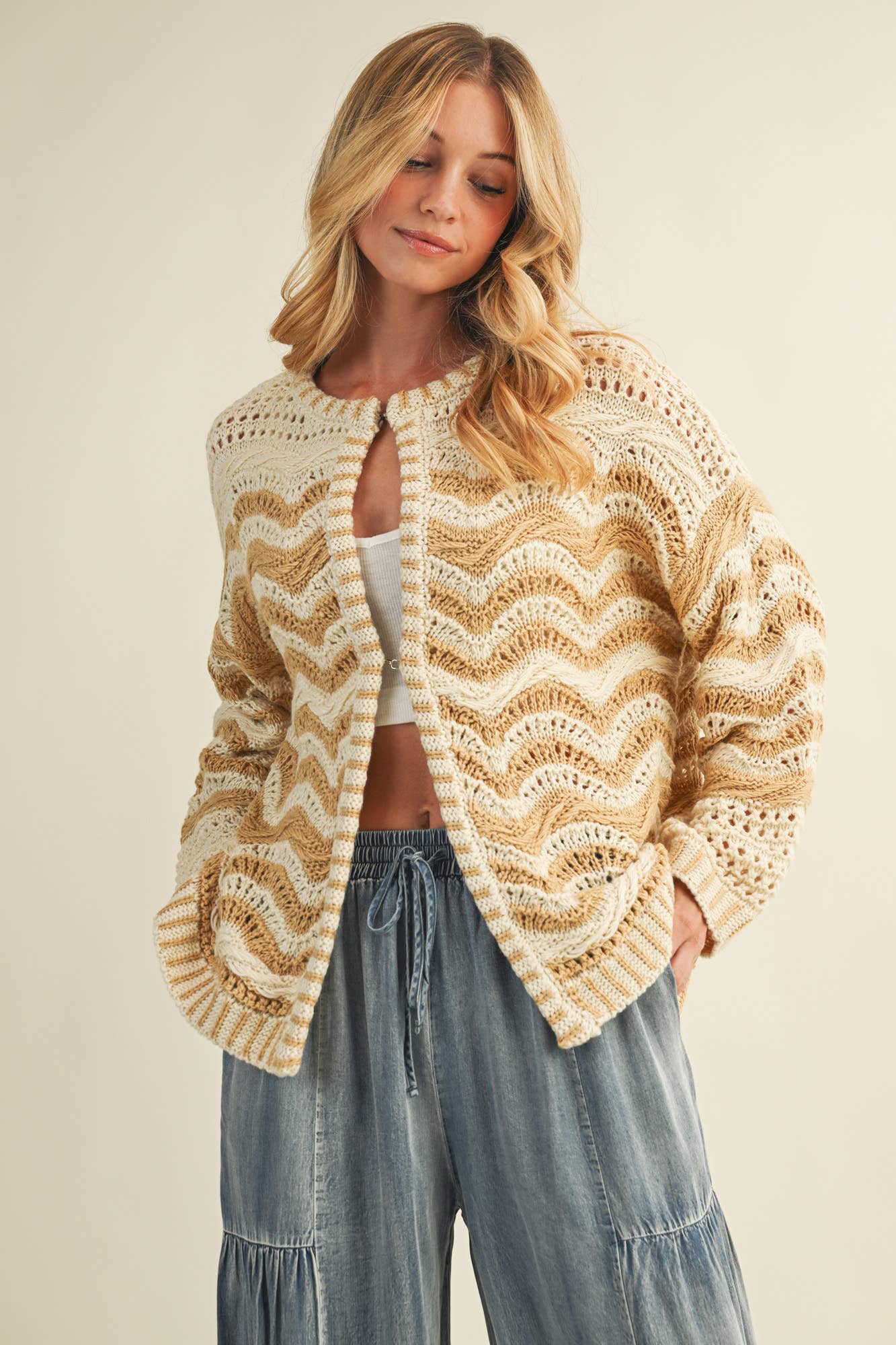 MUSTARD SEED WAVE PATTERN SWEATER CARDIGAN