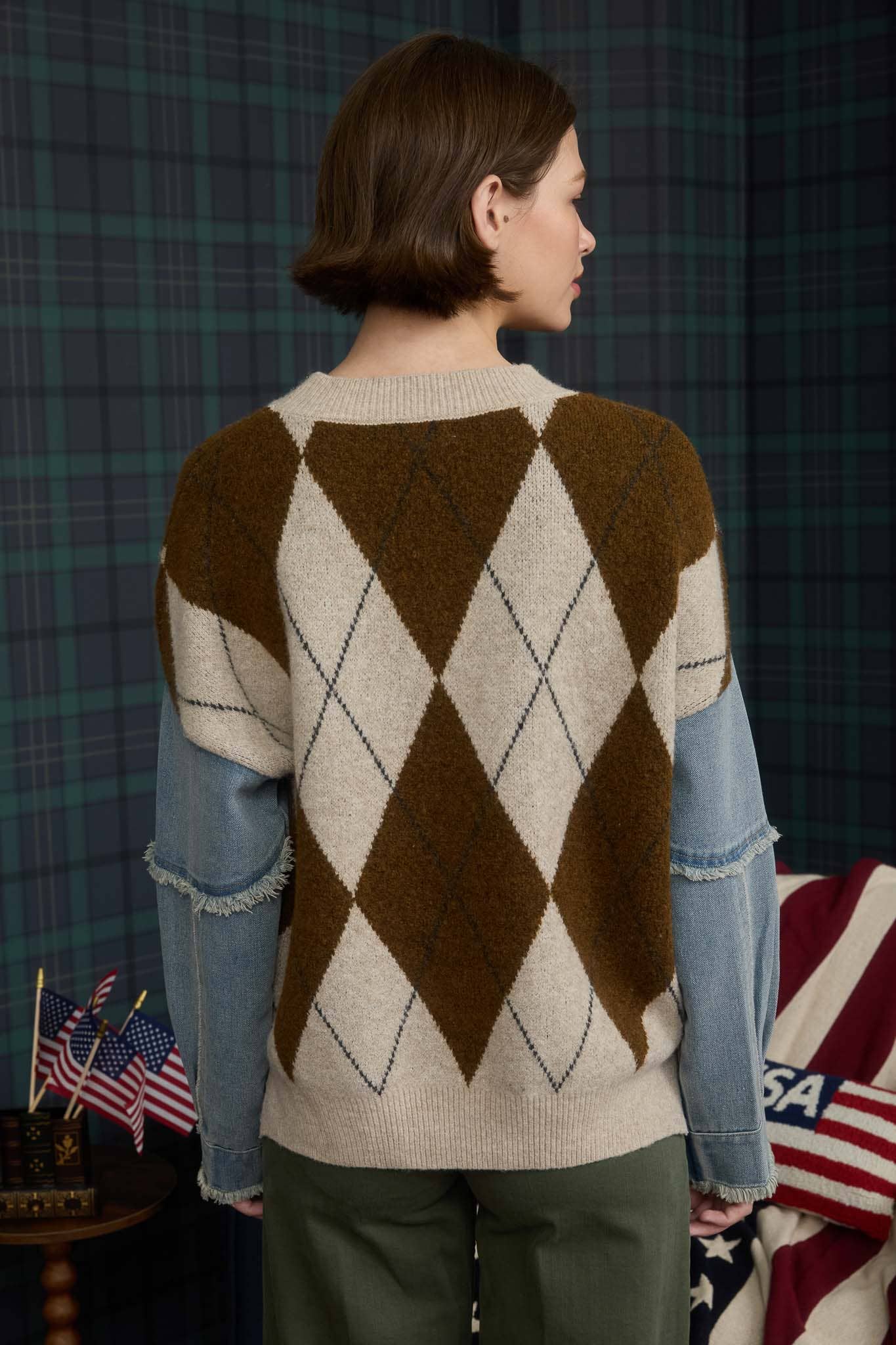 J O A ARGYLE DISTRESSED DENIM SLEEVE KNIT SWEATER