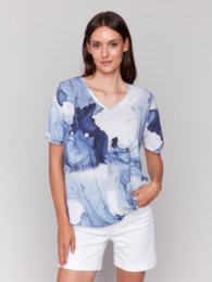 Blue Ink Charlie B Printed Short Sleeve Top with Twisted Front C1335TPK 258C