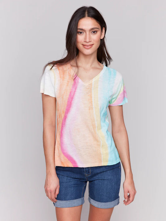 Charlie B  Printed Short Sleeve Linen Blend Sweater Rainbow C2814-282C-P073