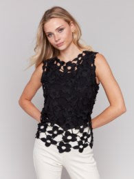 Black Charlie B Floral Crochet Sleeveless Top C4566 135C