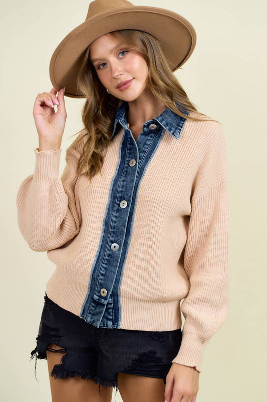 DOE AND RAE DENIM CONTRAST SWEATER RIB CARDIGAN - 10763J