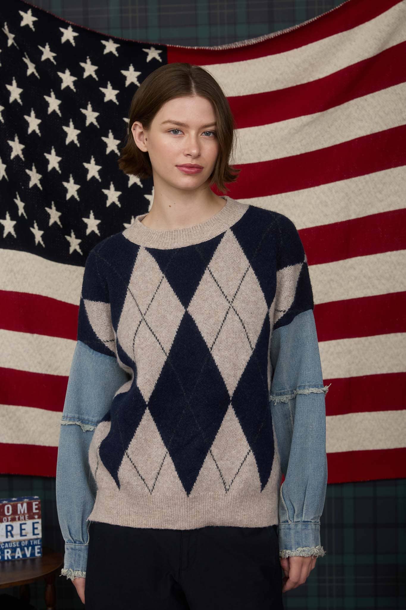 J O A ARGYLE DISTRESSED DENIM SLEEVE KNIT SWEATER