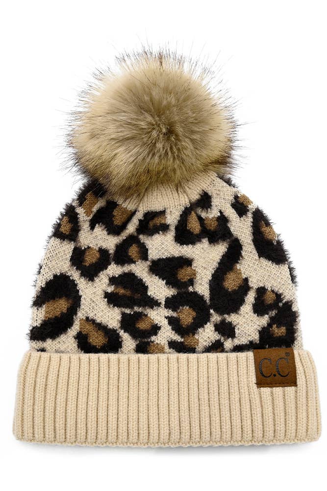 C.C Leopard Pattern Beanie Hat with Pom Winter Hat