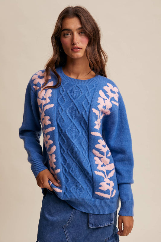 Floral Panel Cable Knit Sweater By Listicle